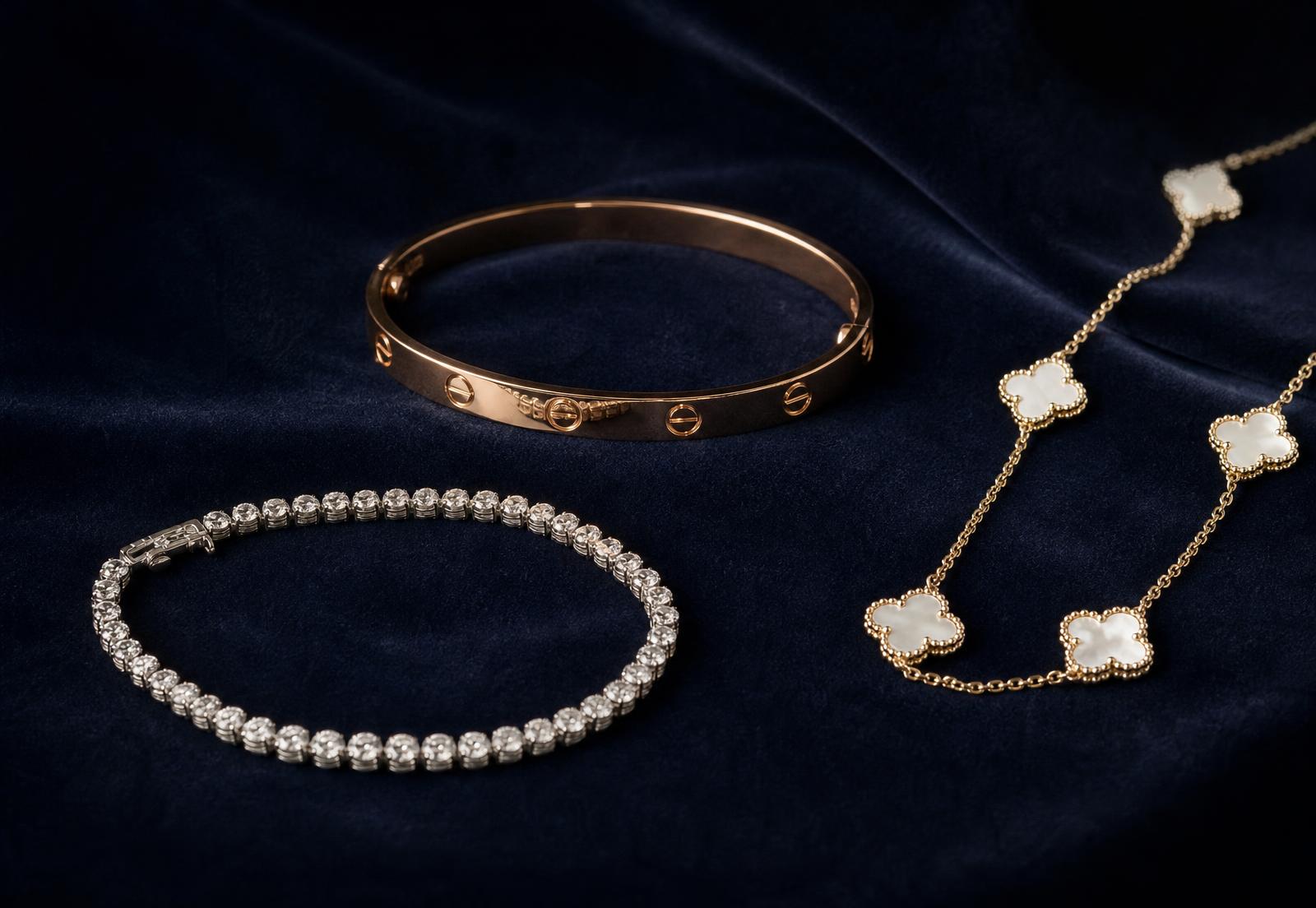 A Cartier Love bracelet, Tiffany diamond tennis bracelet and Van Cleef Alhambra necklace on dark navy velvet